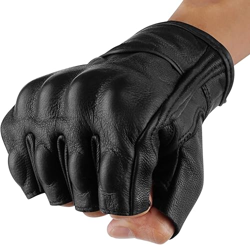 Miniatura 2 de Sibewora Guantes de cuero para motocicleta, guantes de equitación de motor de medio dedo, blindados para hombres, guantes sin dedos