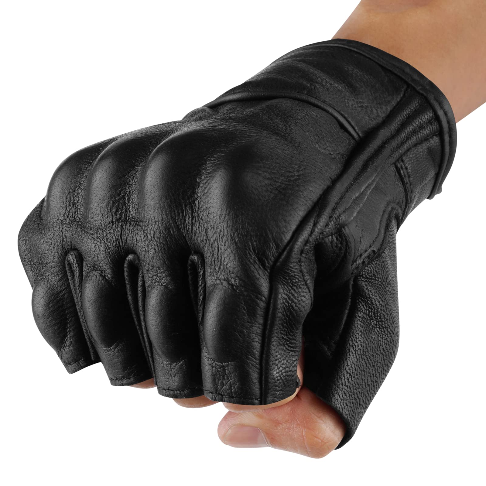 Sibewora Motorcycle Gloves Leather Motor Riding Half Finger for Men Fingerless Gloves for Summer Black (XL)