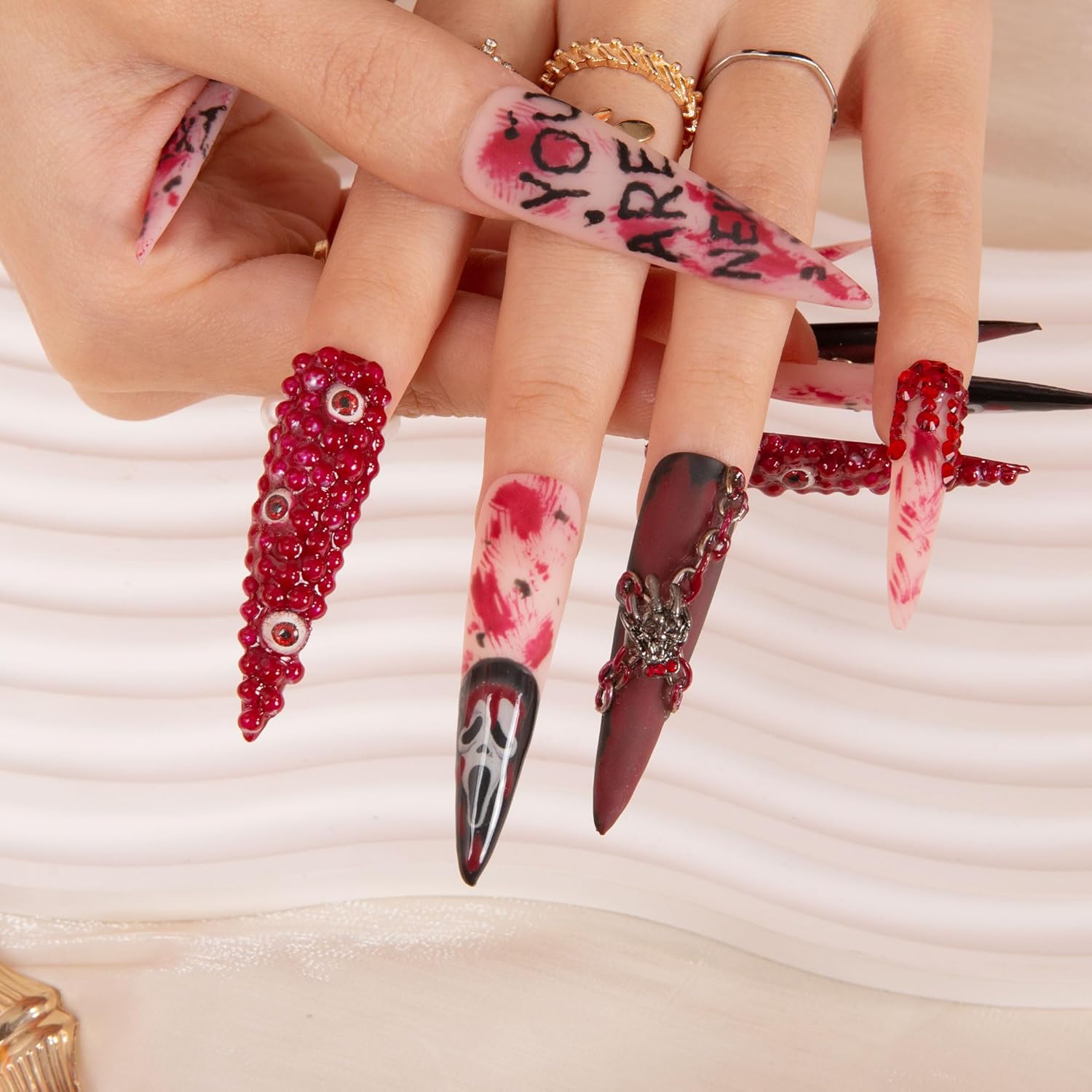 LOVFUL Press on Nails YOU ARE NEXT | Handmade with Full Covered Crystals | Reusable Full Cover Nails | Stiletto Long 2.2 in | H134-M