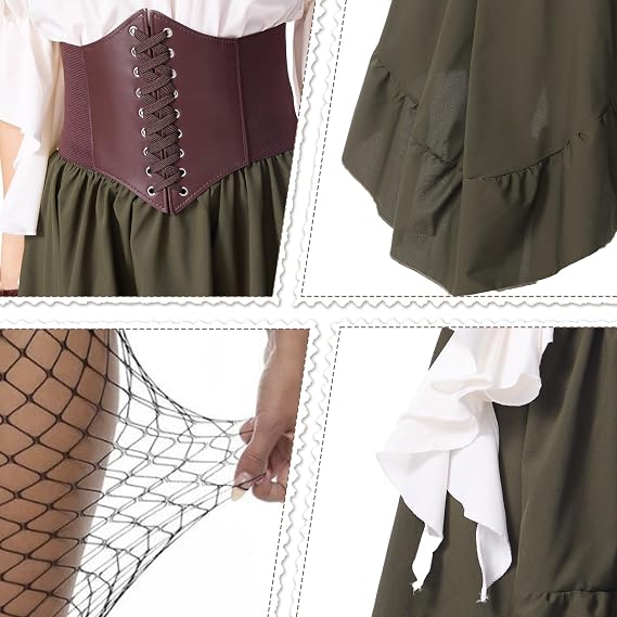 Renaissance Costume Women Medieval Victorian Pirate Dress Skirt Blouse Waistband Halloween Pirate Cosplay