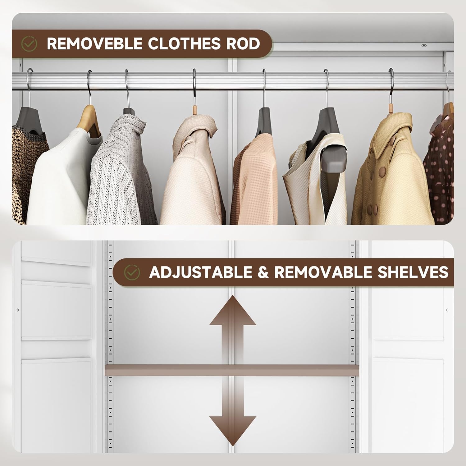 Letaya Metal Armoire Wardrobe Closet with 2 Drawers,18" Deep Clothing Storage Cabinet with Doors and Shelves,Coat Closet with Hanging Rod,Bedroom,Home,Cloak Room,White