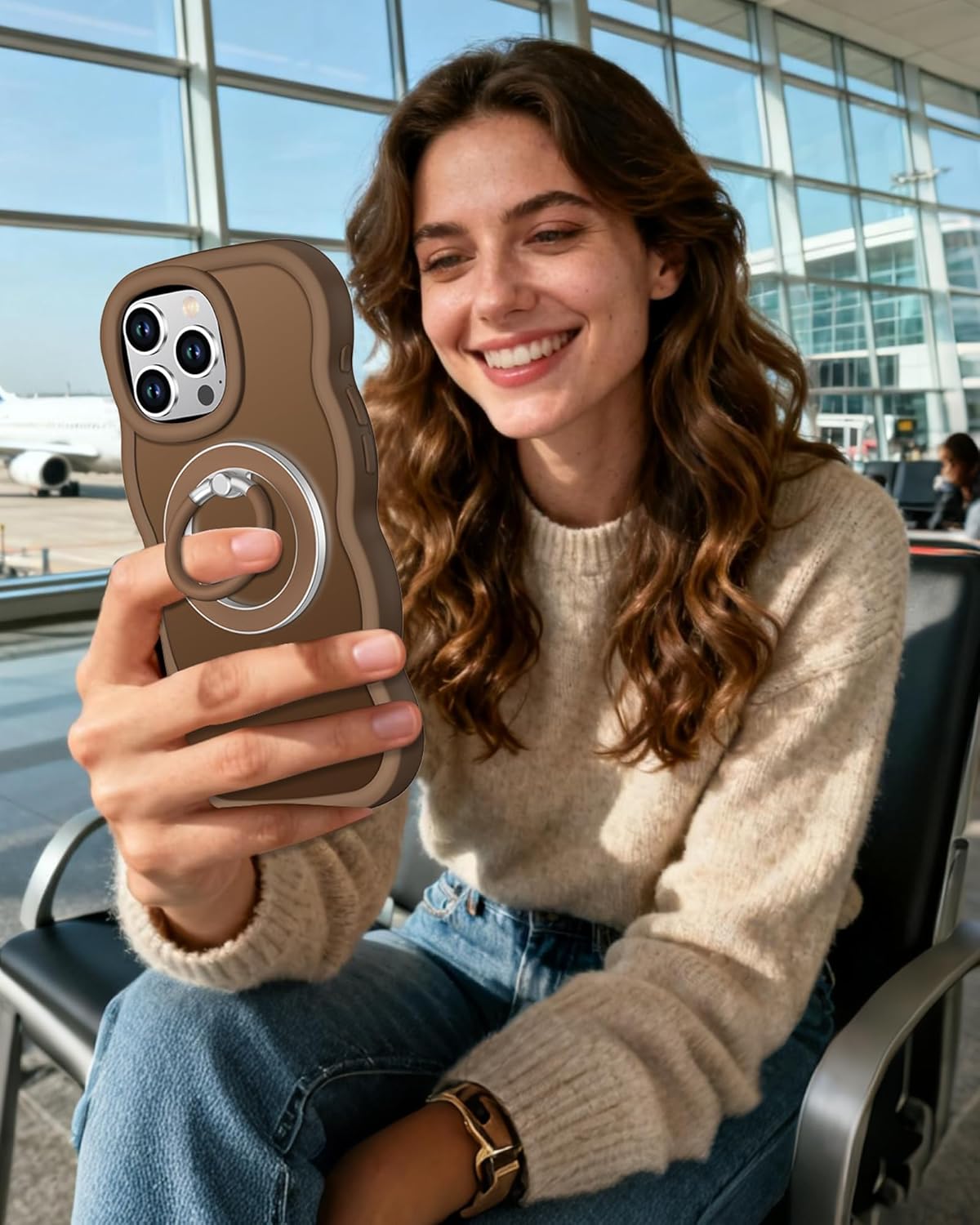 XYZ for iPhone 16 Pro Case, [Compatible with Magsafe],[Magnetic Soft Slicone Ring Holder],Curly Wavy Frame Hard Translucent Matte Back Cover Shockproof Phone Case for iPhone 16 Pro 6.3'', Brown - Image 6