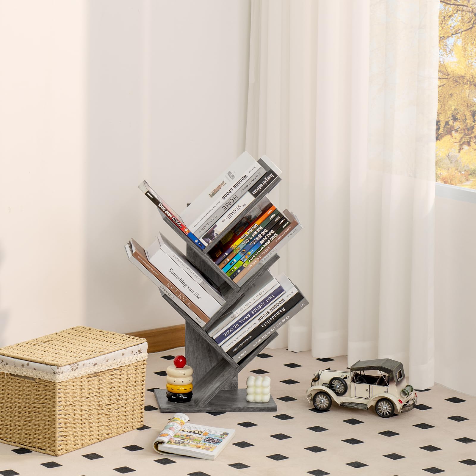 SHEEPAM 5 Tier Tree Book Shelf, Small Desktop Bookshelf with Storage Organizer, Wood Bookcase, Desk Display Bookshelves, Floor Standing Organizer Bookcases for Living Room,Bedroom,Office - Light Grey