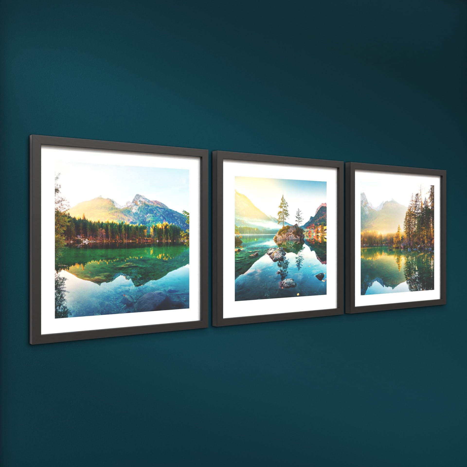 STYLER Bilder Set Landscape 3x 30x30 cm (AUFHÄNGFERTIG) mit hochwertigem schwarzem Rahmen - Natürliche Schönheit für Ihr Zuhause - Inspirierende Landschaften - Natur See Wald Berge