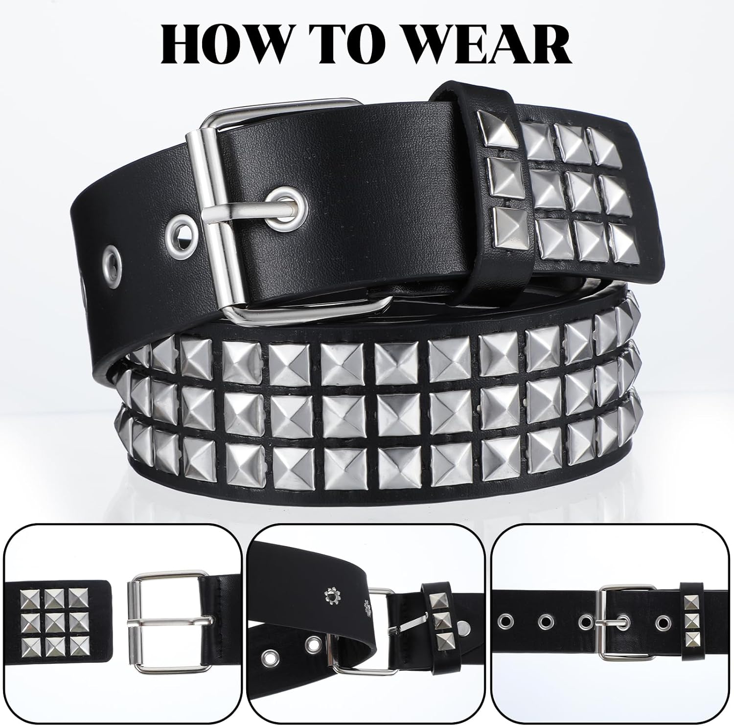 1 PCS Studded Belt, Black Goth Belts for Women Y2K Belts with Bright Metal Pyramid Fashion Punk Rock Gothic Belt Accessories for Men Jeans Dress Pants (Black) - Image 4