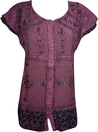Mogul Interior Womens Tops Blouse Shirt Stonewashed Button Down Boho Tunic S/M Purple