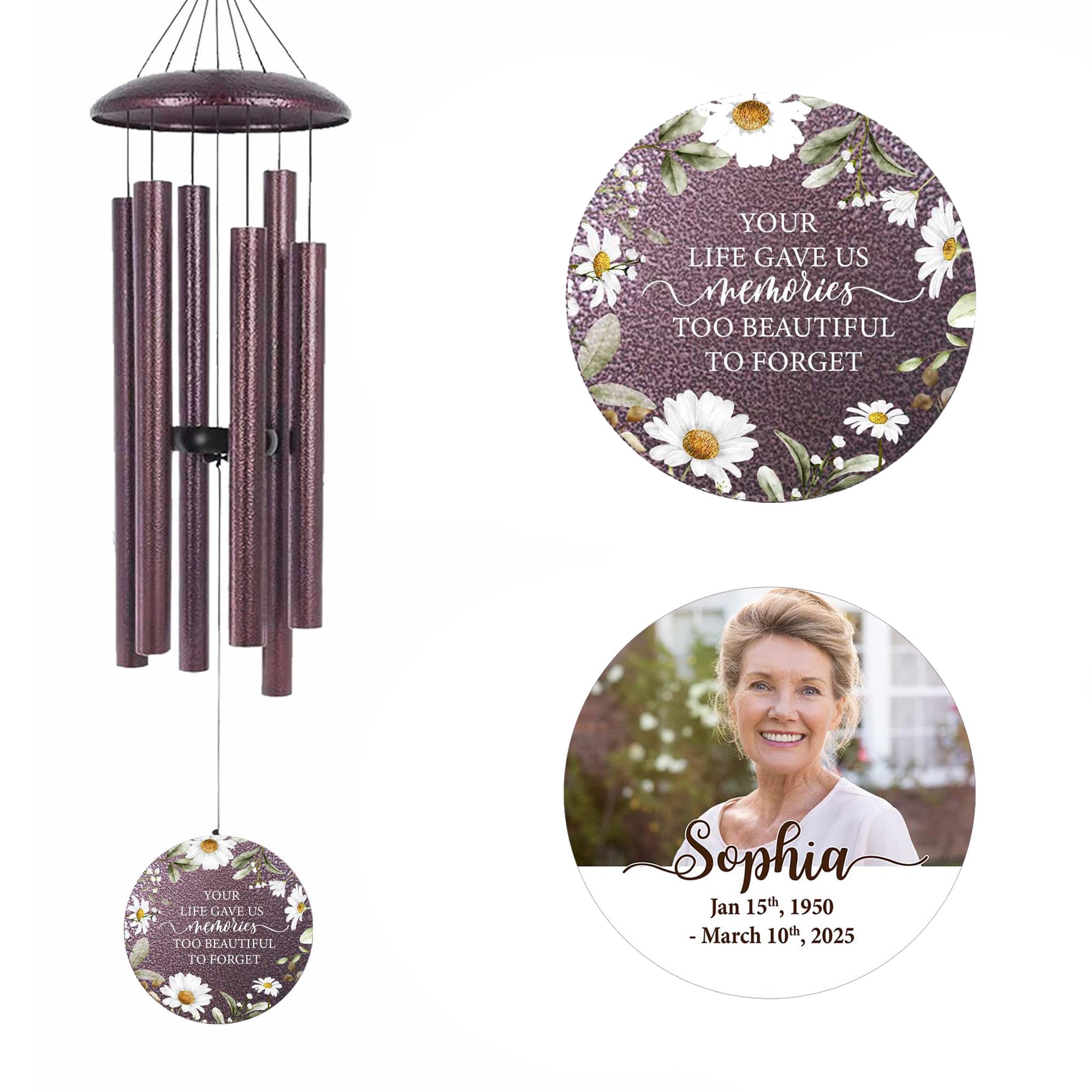 Personalized Wind Chimes with Photo Daisy, Memorial Gifts for Loss