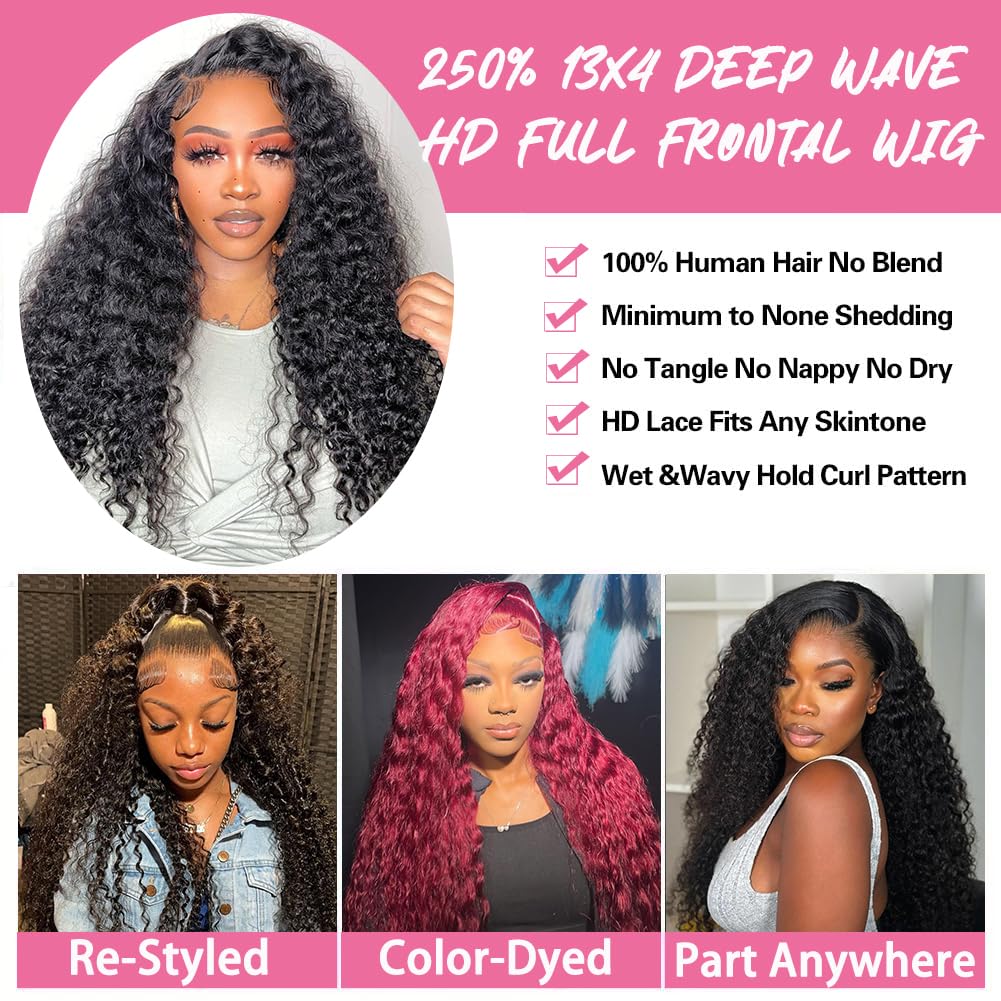 Amazon.com : 250 Density Deep Wave Lace Front Wigs Human  display picture 3