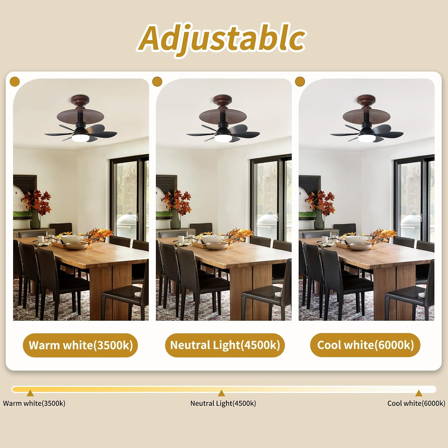 20.4" Intelligent Ceiling Fan light 3-Color 3000 K-6500 K, Fan light With light Suitable For living Room, Terrace, Kitchen and Bathroom lighting Kit
