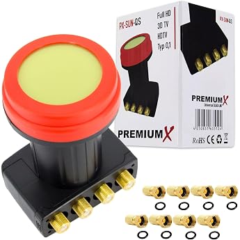 Premium X Quad LNB - 4 Way - Extremely Heat Resistant - for 4 Participants - 4K Full HD - with Weather Protection for Satellite Dish Satellite Receiver Digital - Black - Includes 8x F-Connectors