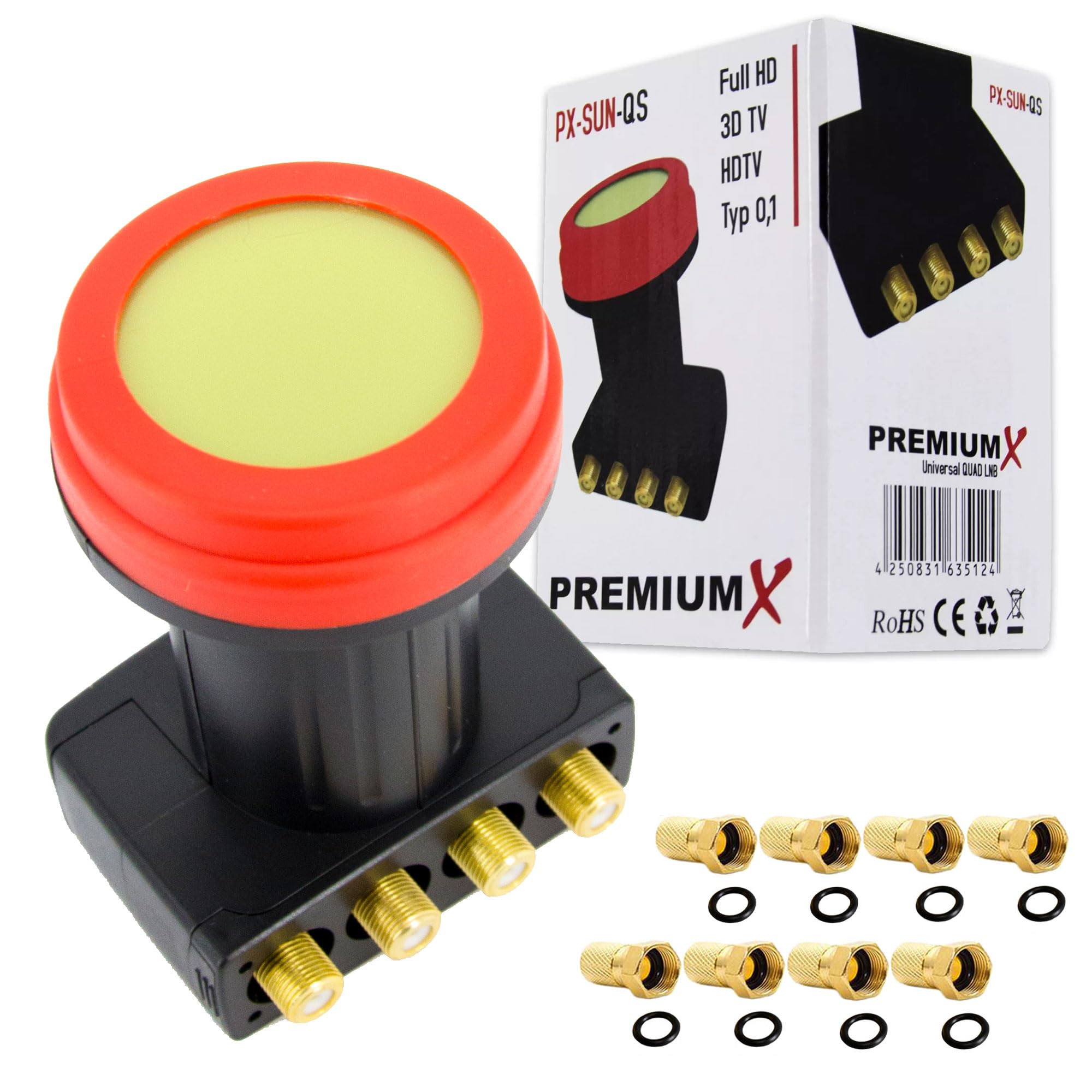 Premium X Quad LNB – 4 scomparti – estremamente resistente al calore – per 4 partecipanti – 4K Full HD – con protezione dalle intemperie per parabola satellitare satellitare – nero – con 8 connettori