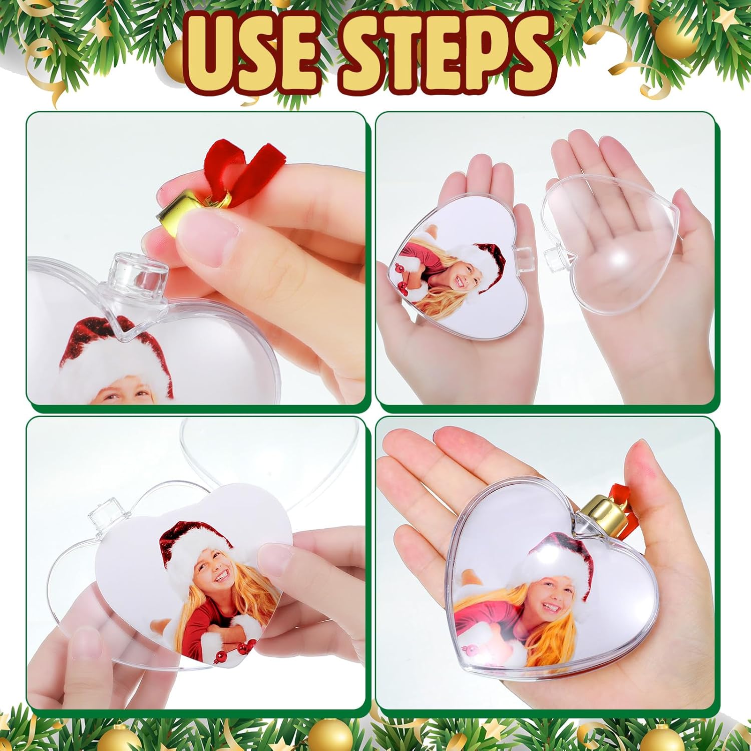 Bucherry 24 Pcs Christmas Photo Ornament Ball Photo Frame Picture Holder Clear Plastic Hanging Ornaments DIY Family Picture Frame Baubles for Xmas Tree Holiday Decor(Round, Heart, Star, Oblate)