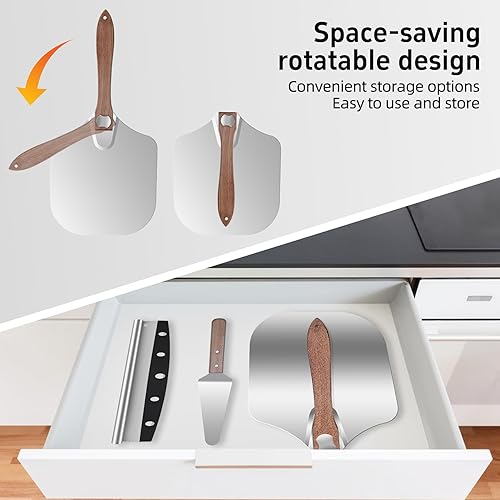 Miniatura 3 de Pala de pizza de aluminio de 12 x 14 pulgadas con mango de madera plegable, paleta de metal, cortador basculante y servidor para horno de pizza