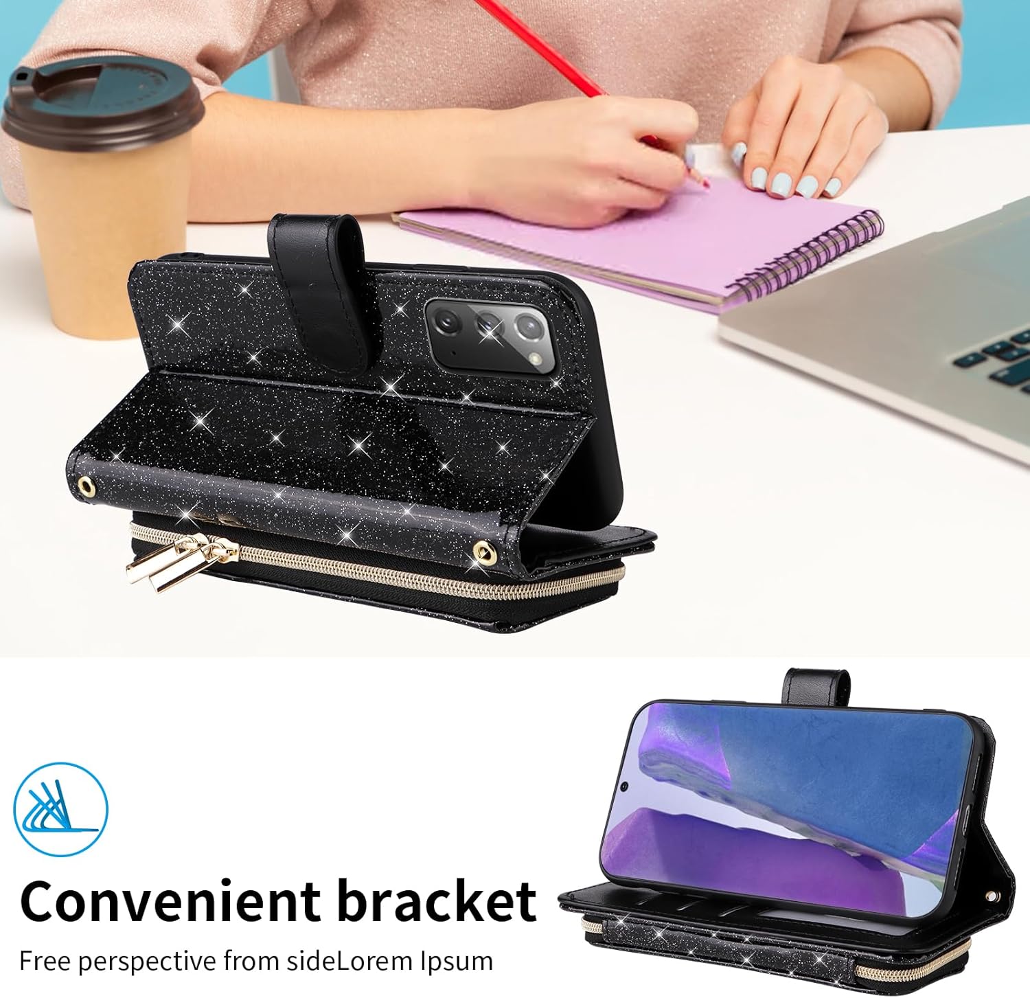 Wallet Case for Samsung Galaxy Note 20 5G with Wrist Strap,Shoulder Strap,9+ Card Slots Zipper Purse,Luxury PU Leather Stand Cell Phone Cover for Note20 Notes 20s Twenty Not S20 Girls Black