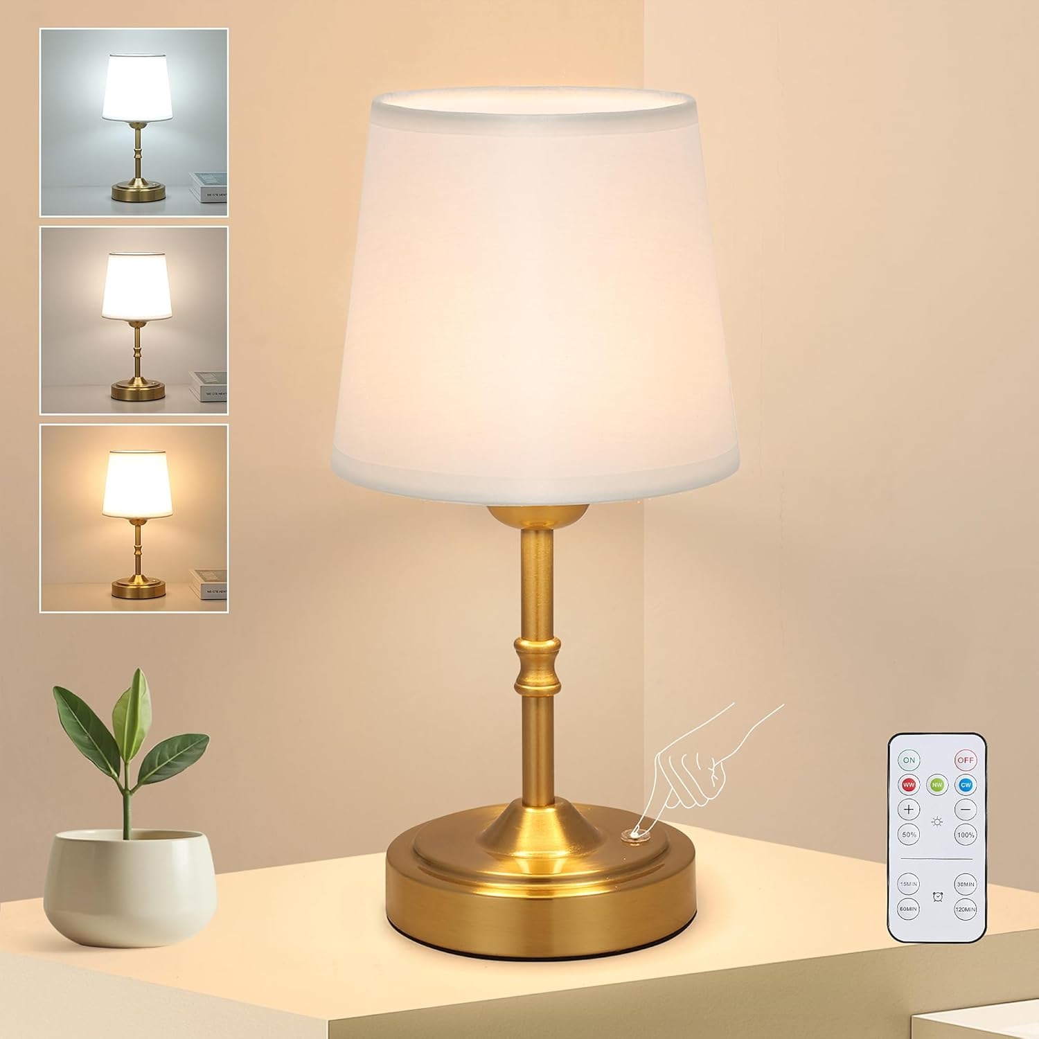 Vintage Gold Cordless Table Lamp with Remote and Touch Control, Wireless Small Led Battery Powered Rechargeable Portable Table Lamp, Dimmable 3 Color Mini Desk Lamp for Home Patio, 1Pack
