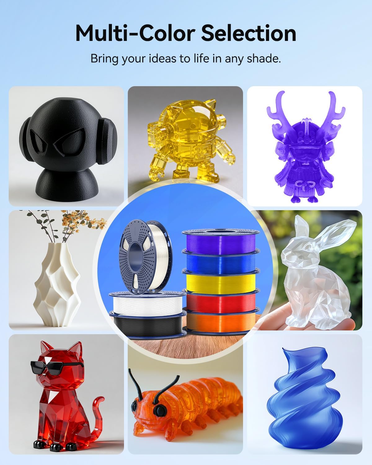 JAYO PLA+ Filament Bundle 1.75mm, PLA 3D Printer Filament Bundle Multicolor, 250g Spool, 8 Pack, 2KG in Total (Black, White, Gray, Mint Green, Lemon Yellow, Sunshine Orange, Cherry Red, Sky Blue)