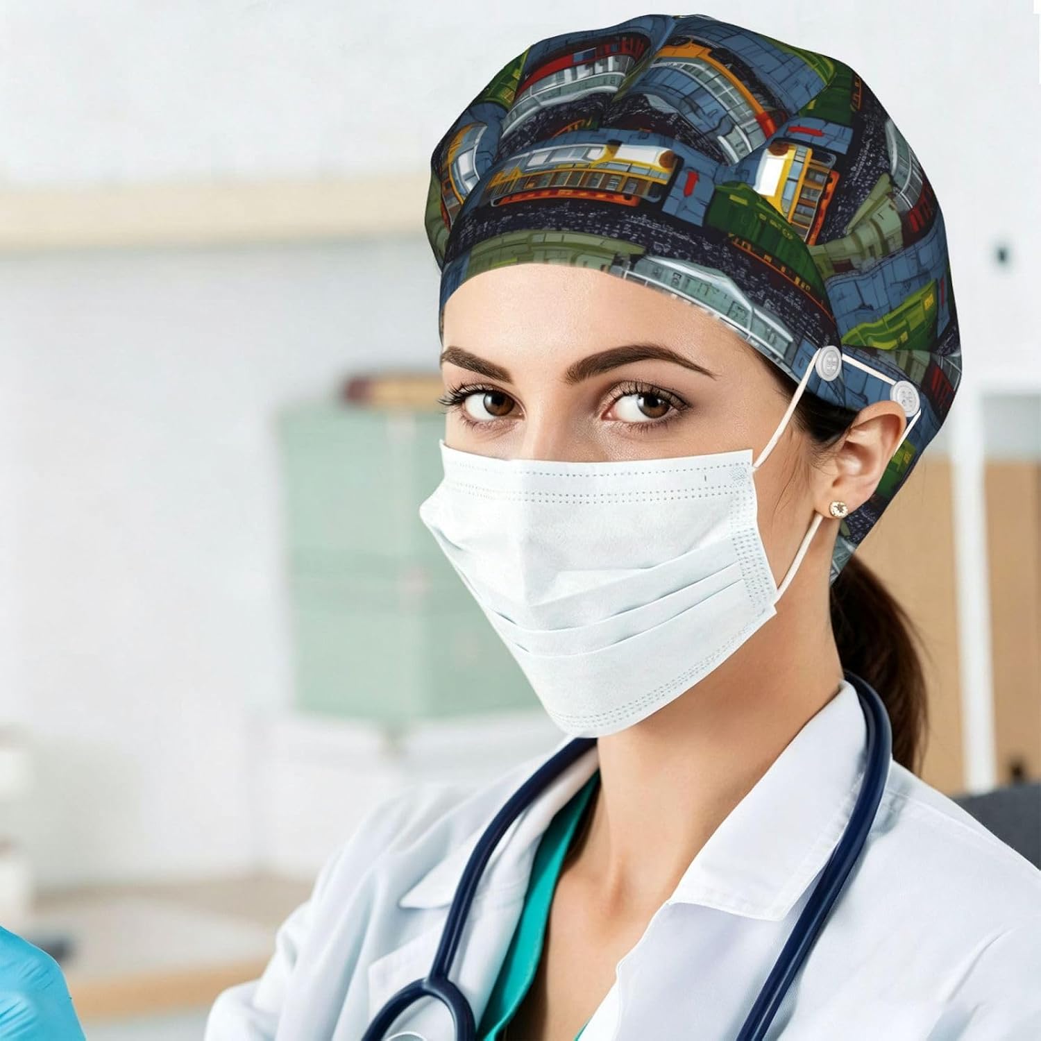 Train Cars Bouffant Cap with Buttons, Sweatband Cap Black