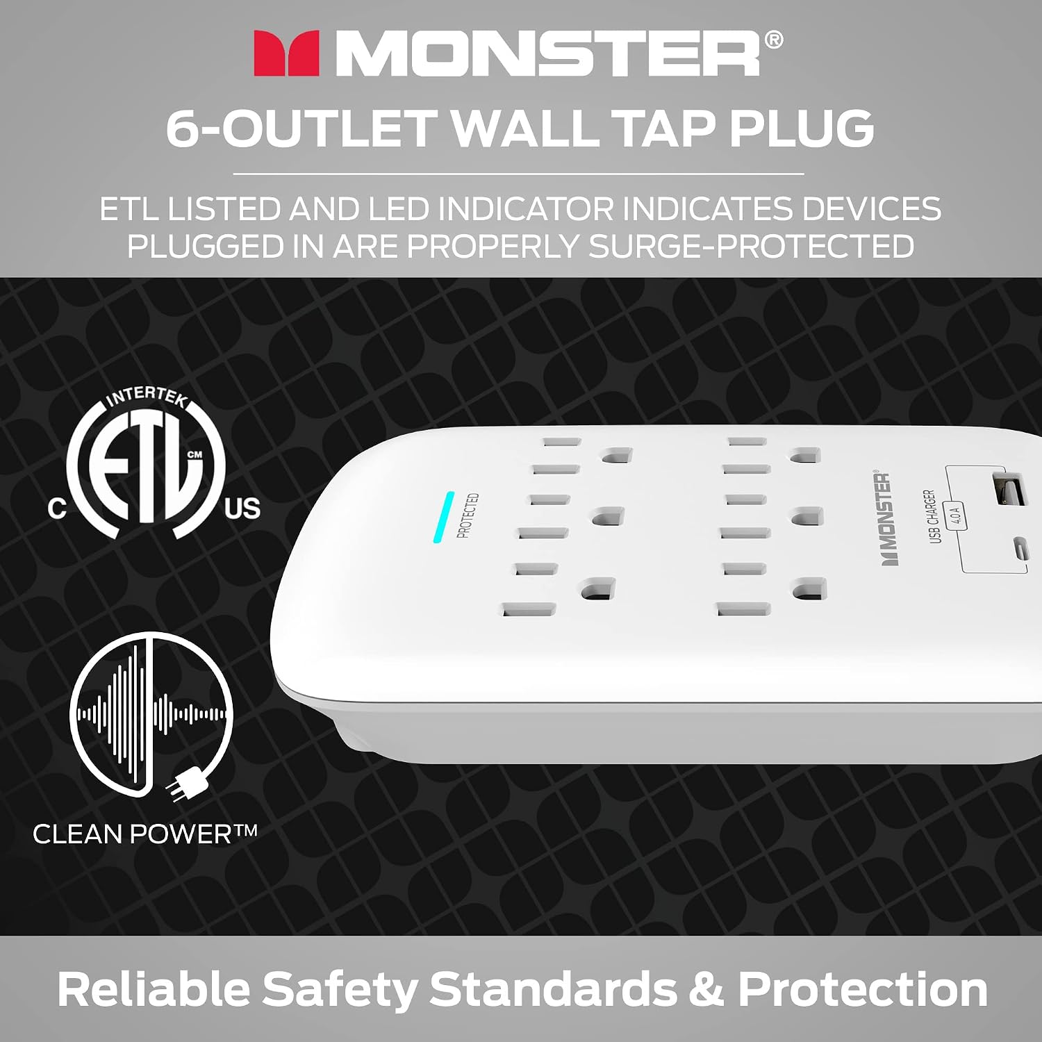 Monster Wall Tap Plug 6-Outlet Extender with Outlet Surge Protector for Home, Travel, Office, Home Appliances, Computers, and Smart Phone Devices – 2 USB Ports, 1200J, and ETL Listed