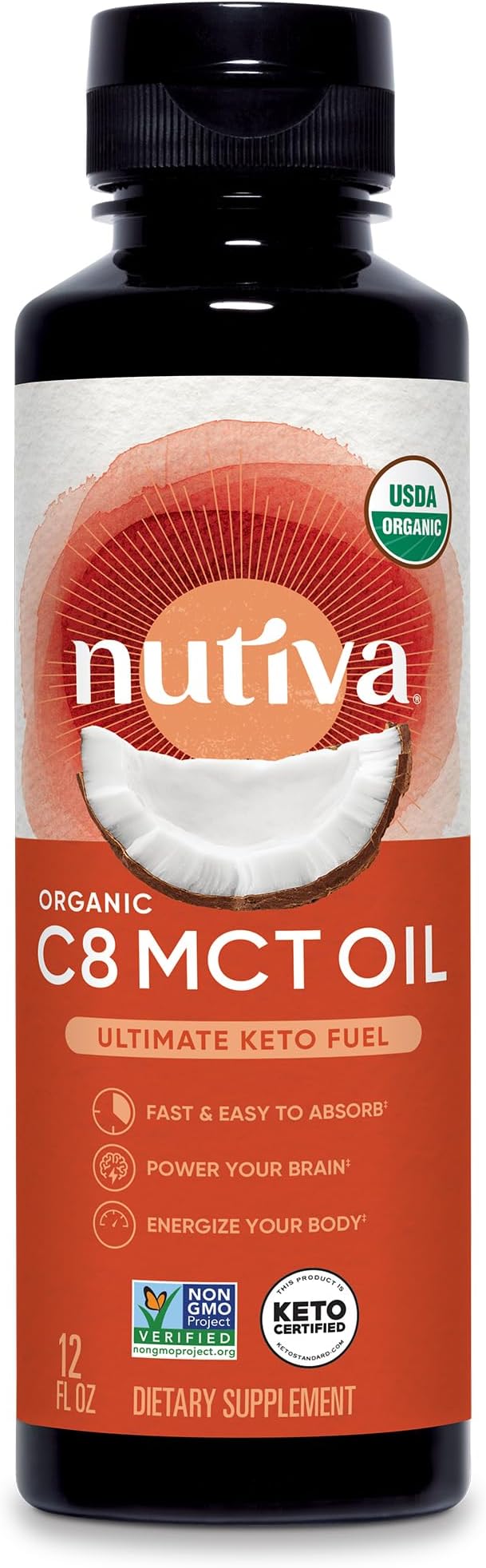 Nutiva Organic Liquid MCT Oil C8- Unflavored - Perfect for Coffee, Shakes, Salads, and More - Great for Vegan, Whole, Paleo, and Keto Diet - Extracted From Coconut - 12floz