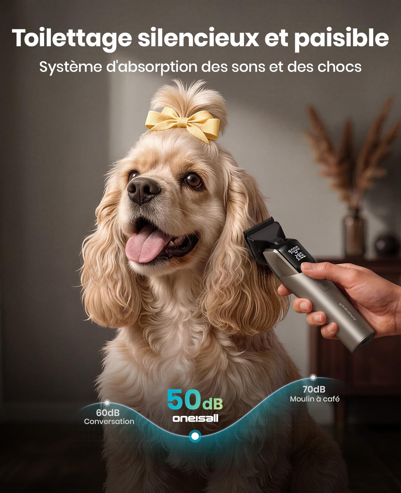 oneisall Tondeuse Chien Professionnelle | 9000 RPM 5 vitesses,DLC lame 5-en-1 , autonomie de 280 min,<50 dB silencieux, 8 peignes guides métalliques