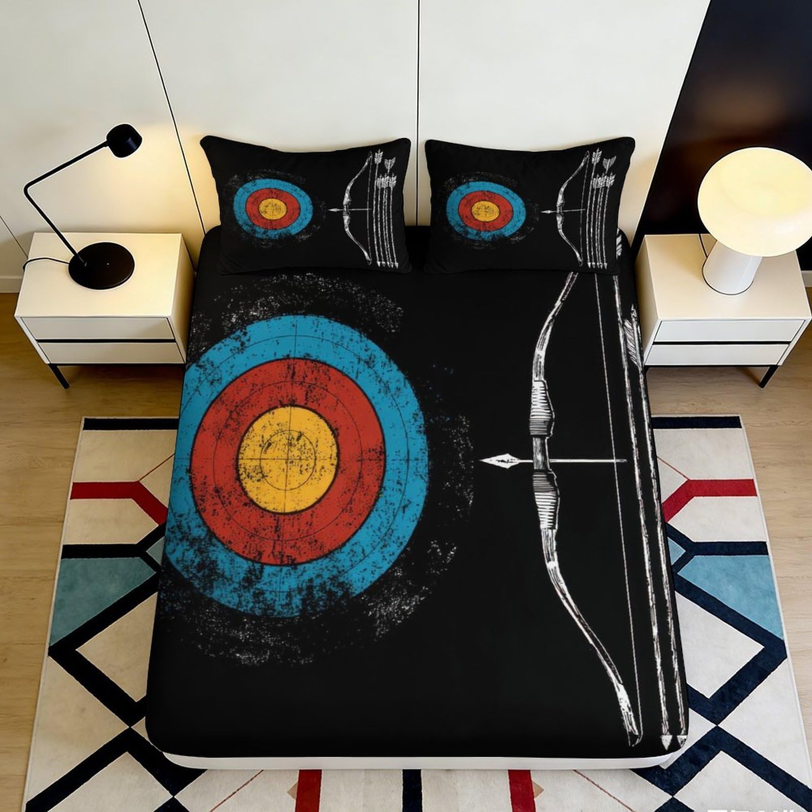 3D Printed Archery Target Fitted Sheet Microfiber Soft Black Bow Arrow Bed Cover for Bedroom Dorm Mattress Decor 90x200x25cm
