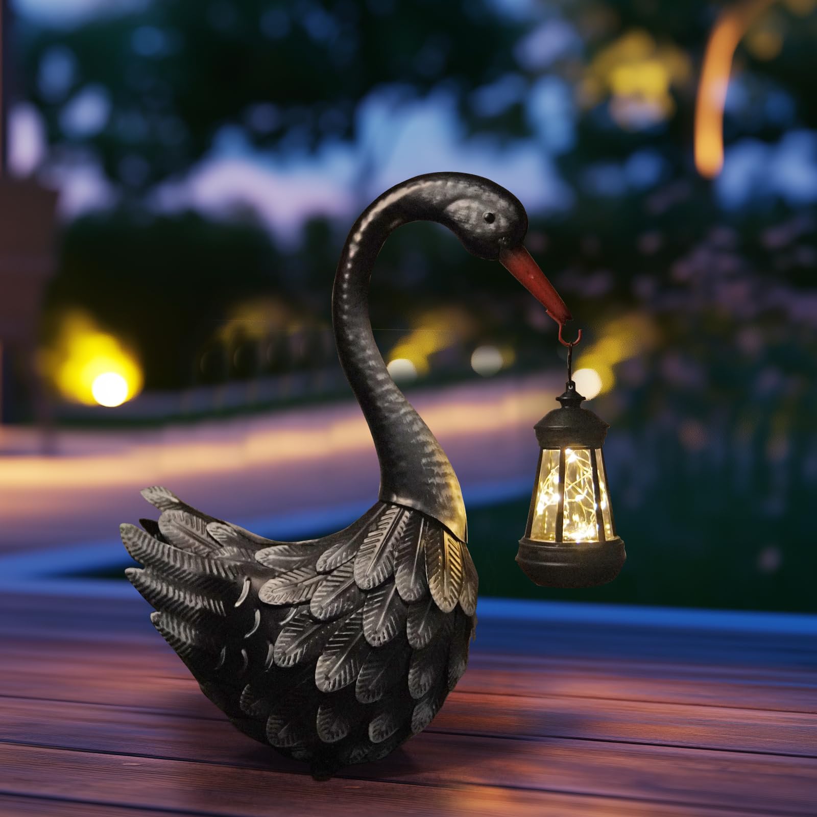 HONGLAND Estatua solar de jardín al aire libre, decoración de cisne, decoración de pájaros, adorno de césped para patio, porche, piscina (negro)