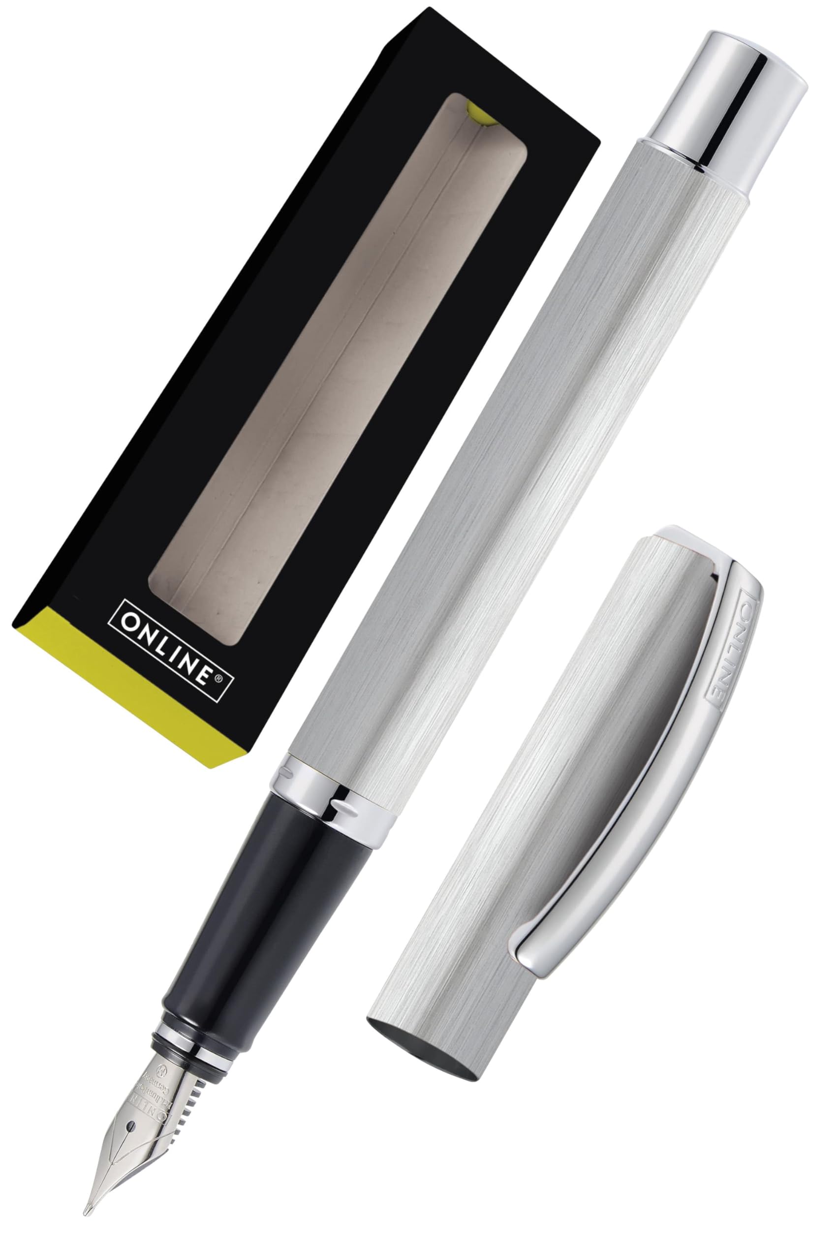 Online Fountain Pen Vision Silver | made of aluminum | Iridium nib medium | Suitable for standard ink cartridges and converters | Pen in gift box