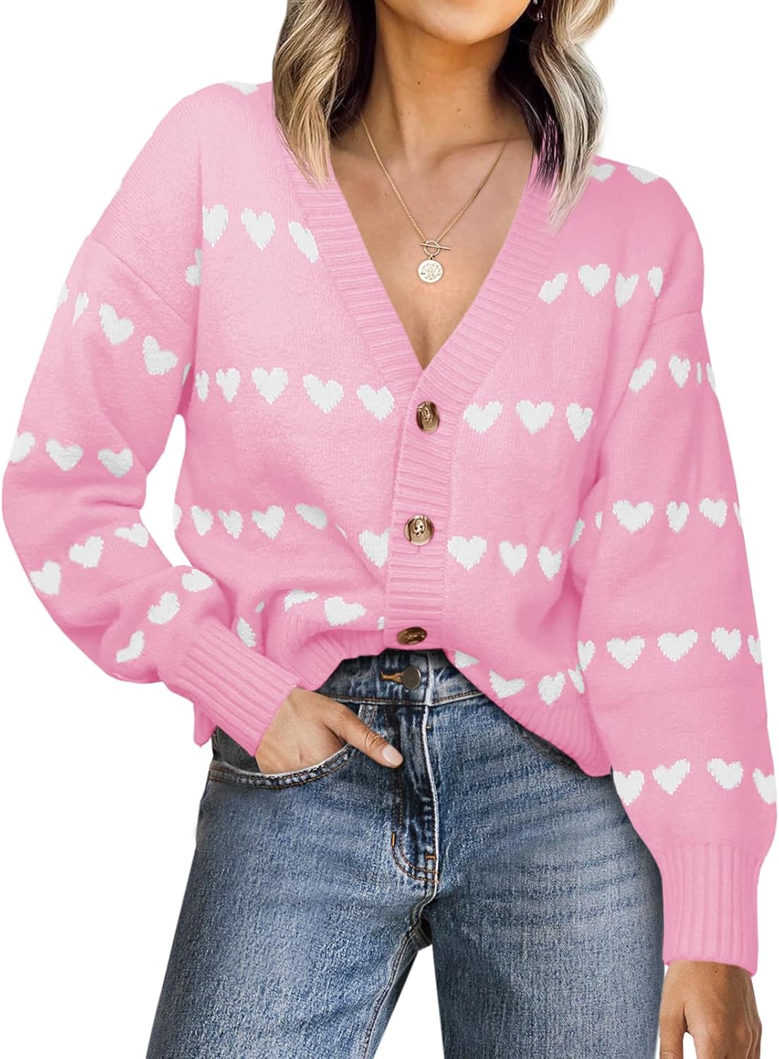 Saodimallsu Womens Heart Cardigan Sweaters Valentines V Neck Button Down Long Sleeve Knit Striped Sweater Coats