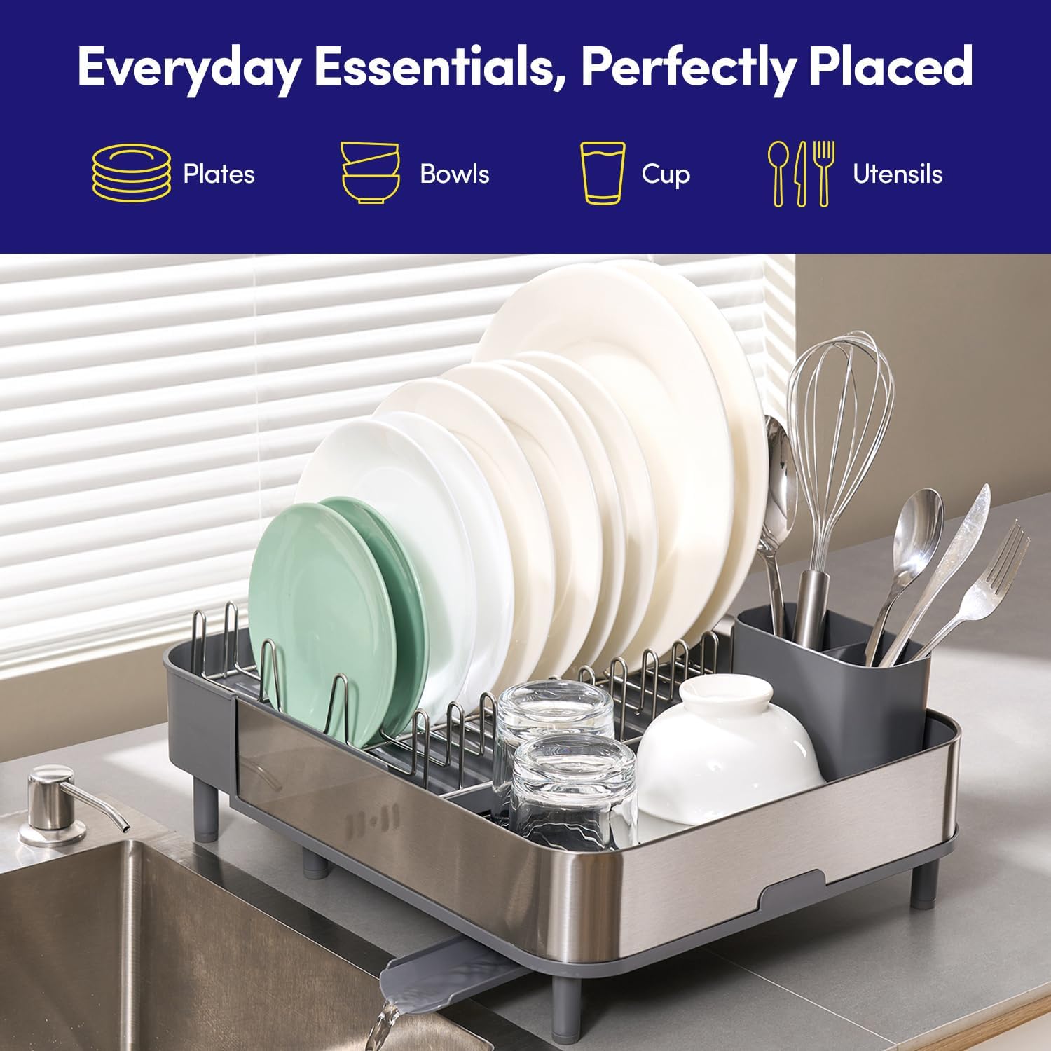 Dish Drying Rack Countertop Expandable Dish Drainer — Up to 20.5" Telescoping Premium Extending Drying Station Organizer with Drainboard, Removable Utensil Holder — Dish, Silverware & Cup Storage Gray