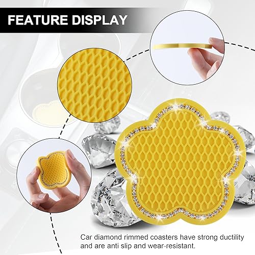 Miniatura 3 de GaRhomxy Posavasos para automóvil, 2 posavasos universales antideslizantes con brillantes, portavasos de PVC con forma de flor, portavasos de