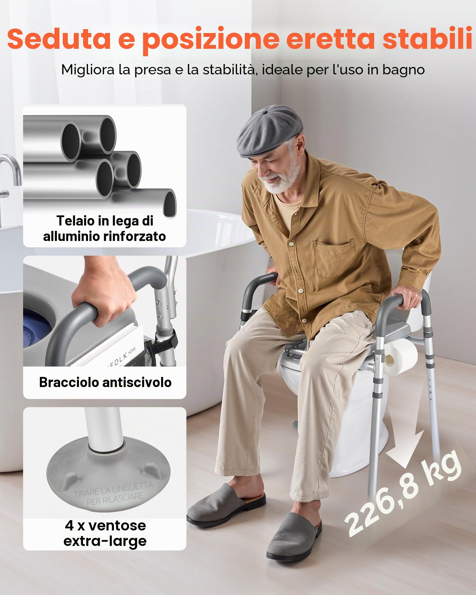 VEVOR Sedia Comoda da Comodino, Capacità 227 kg, WC Sedile Rialzato con Seduta Imbottita e Braccioli, Secchio Staccabile 5 L, Altezza e Larghezza Regolabili Sedia da Vasino per Anziani