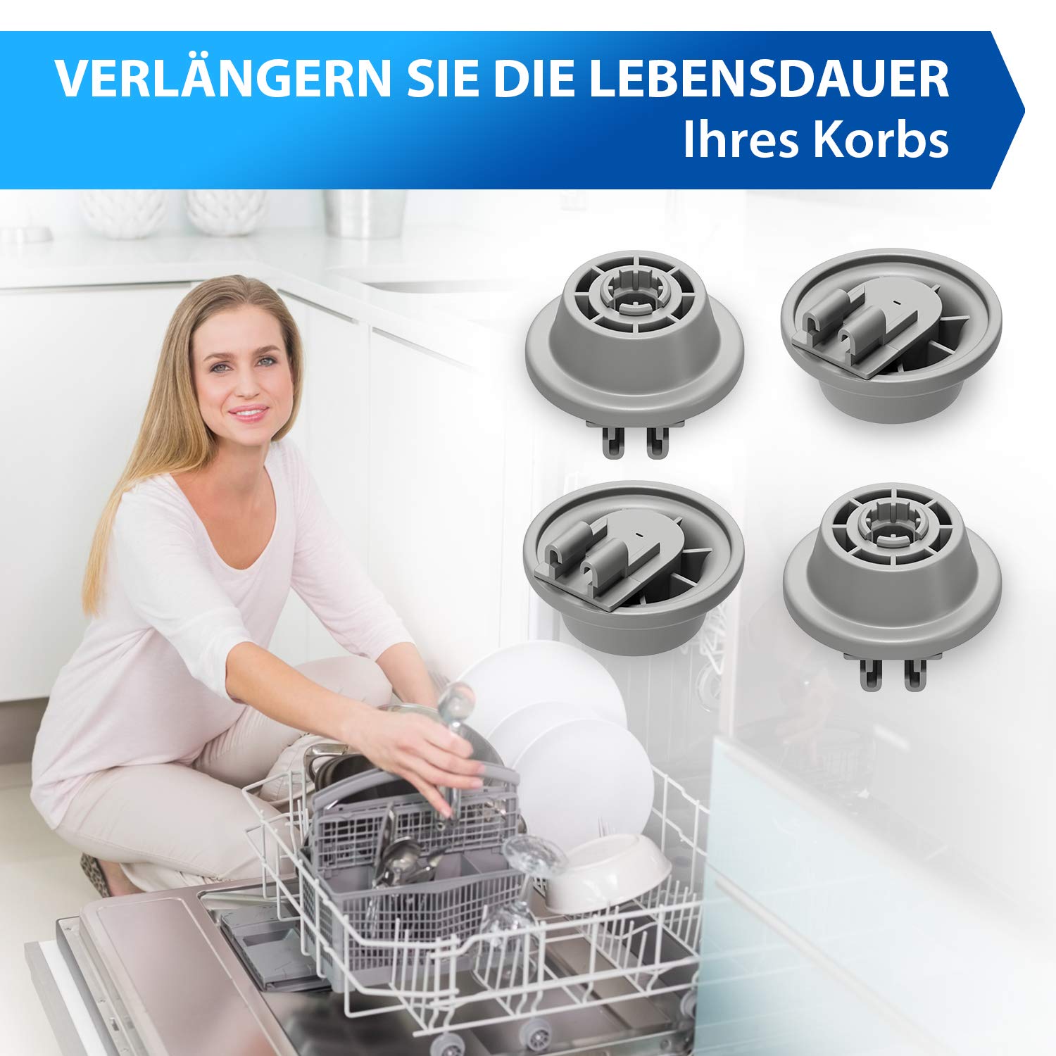 VIOKS 4 x rolki do zmywarki, zestaw rolek koszowych zamienników do Bosch 00611475 Siemens 611475 Küppersbusch 436718, dolny kosz z uchwytem na rolce, zestaw do mycia w zmywarce do naczyń