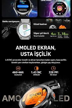 HW5 PRO+ Akıllı Saat, Gümüş Metal Tasarım, 1.43 inç AMOLED Ekran, 400mAh Pil, Spor Takip, ChatGPT Destekli (Siyah)