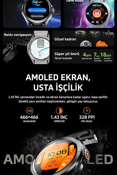 HW5 PRO+ Akıllı Saat, Gümüş Metal Tasarım, 1.43 inç AMOLED Ekran, 400mAh Pil, Spor Takip, ChatGPT Destekli (Siyah)