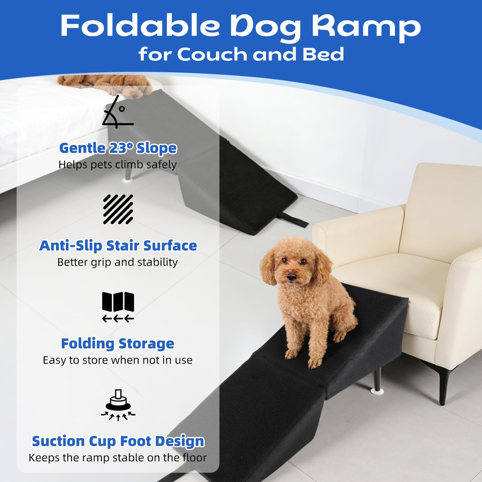 Escalera para perros plegable, antideslizante y suave escalera para mascotas para algodón y lino para sofá y cama, escalera para mascotas para perros pequeños y gatos, plegable como reposapiés, 74,5 x