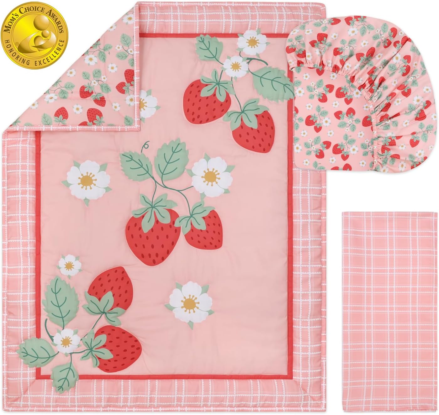 The Peanutshell Strawberry Sweet 3-Piece Baby Girl Crib Bedding Set – Pink Nursery Bedding, Crib Comforter & Decor for Newborns and Toddlers