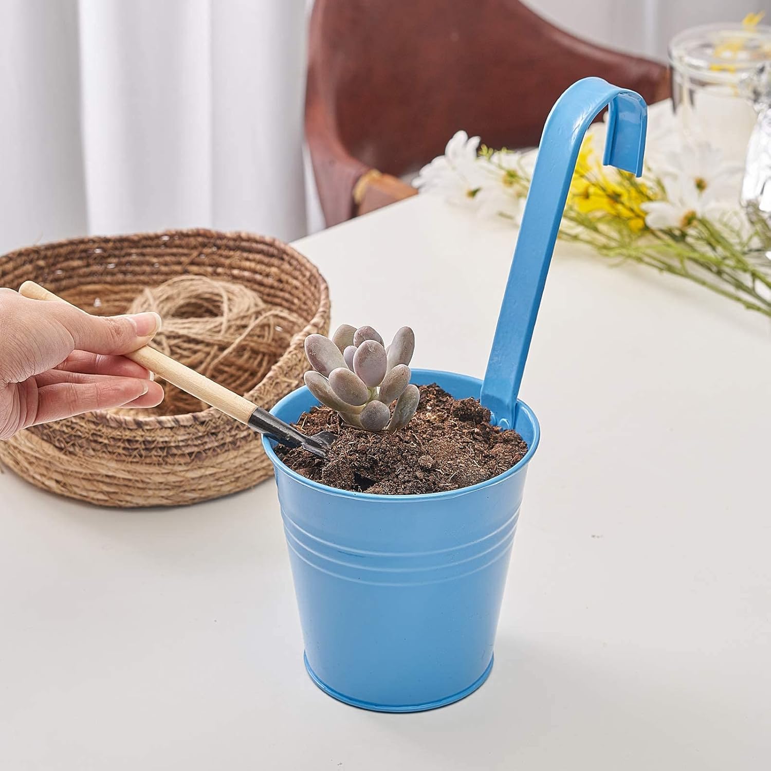 3Pcs Large Wall Galvanized Metal Iron Hanging Planter Buckets with Hook, Flower Pots Baskets/Holder,Farmhouse Wall Decor,Suitable for Railing,Fence,Window,Patio,Clay Garden, Indoor/Outdoor (Blue)