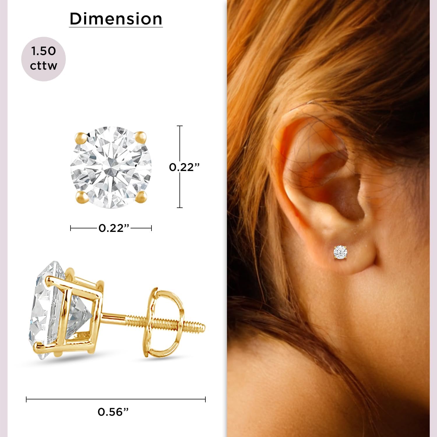 IGI Certified 0.25 to 2.00 Carat Lab Grown Diamond Stud Earrings for Women in 14KT Real White or Yellow Gold | Round Cut Studs| 4 Prong Setting with Screw Back (F Color, SI Clarity)