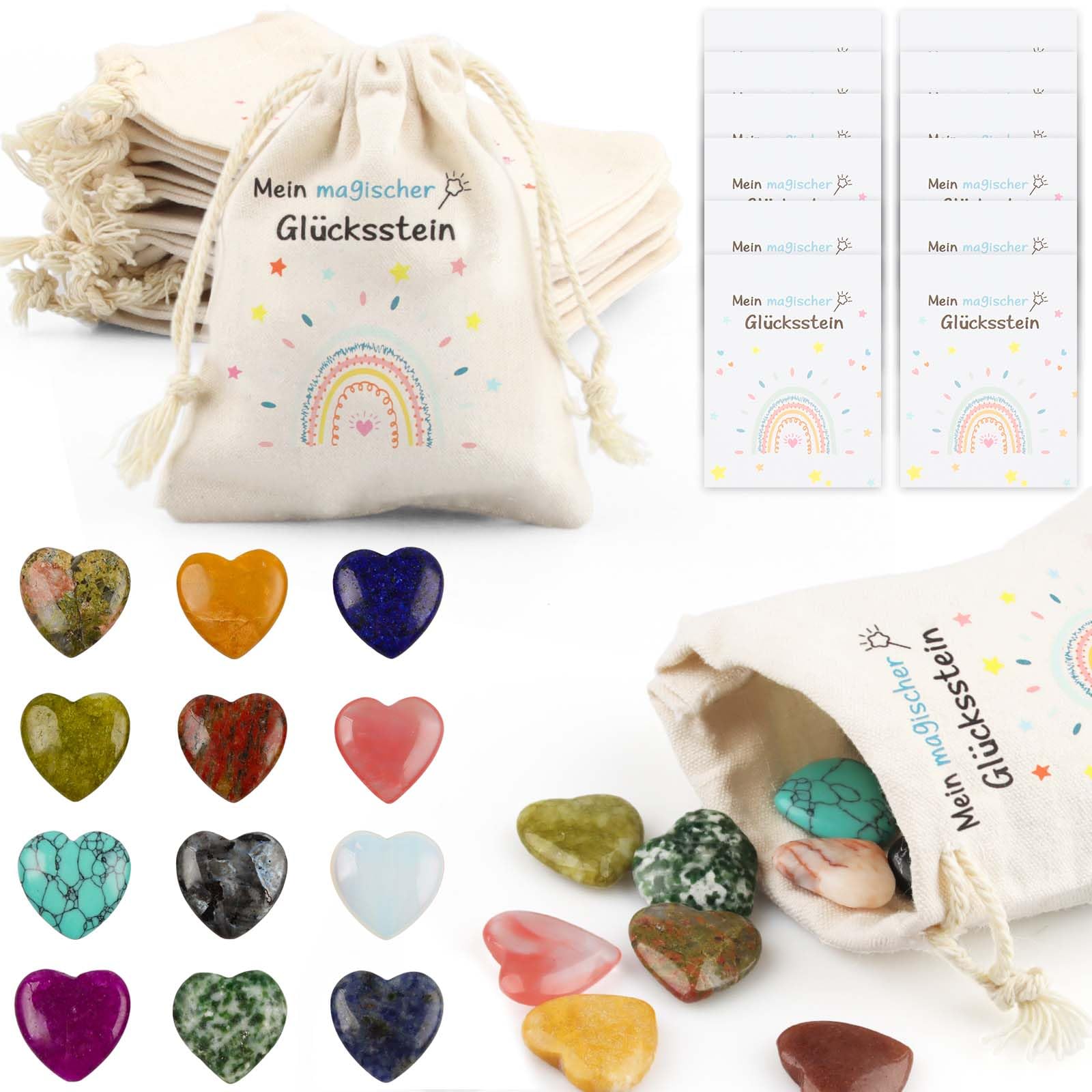 12er Glückssteine für Kinder, Kindergeburtstag Mitgebsel mit Edelsteine Jutesäckchen und Magische Steine Kärtchen, Give Away für Taufe Kommunion Hochzeit oder Wichtelgeschenk, Glücksbringer Kinder (C)