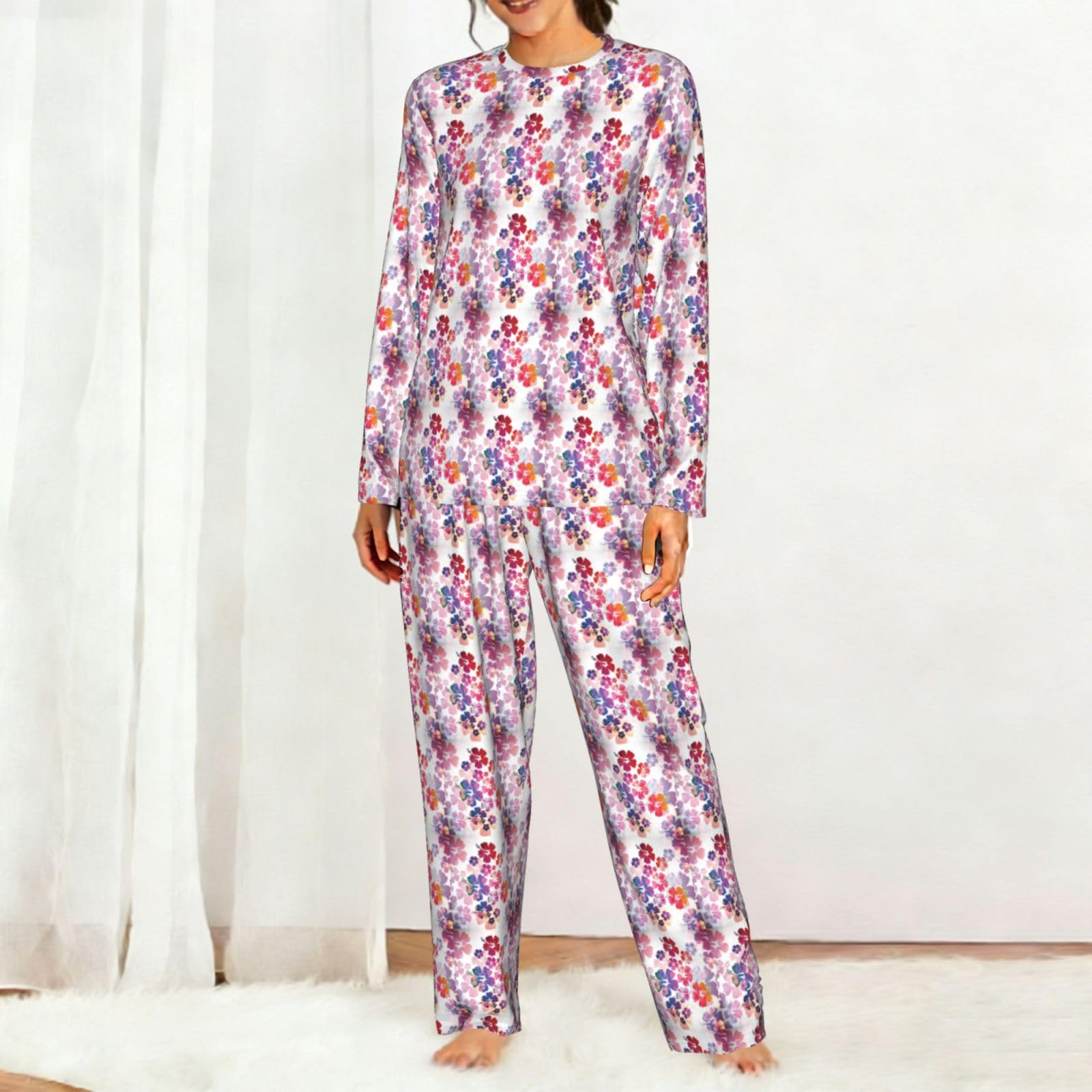 Pigiama da donna con stampa floreale hawaiana a maniche lunghe abbinato morbido elastico coulisse casual Daywear