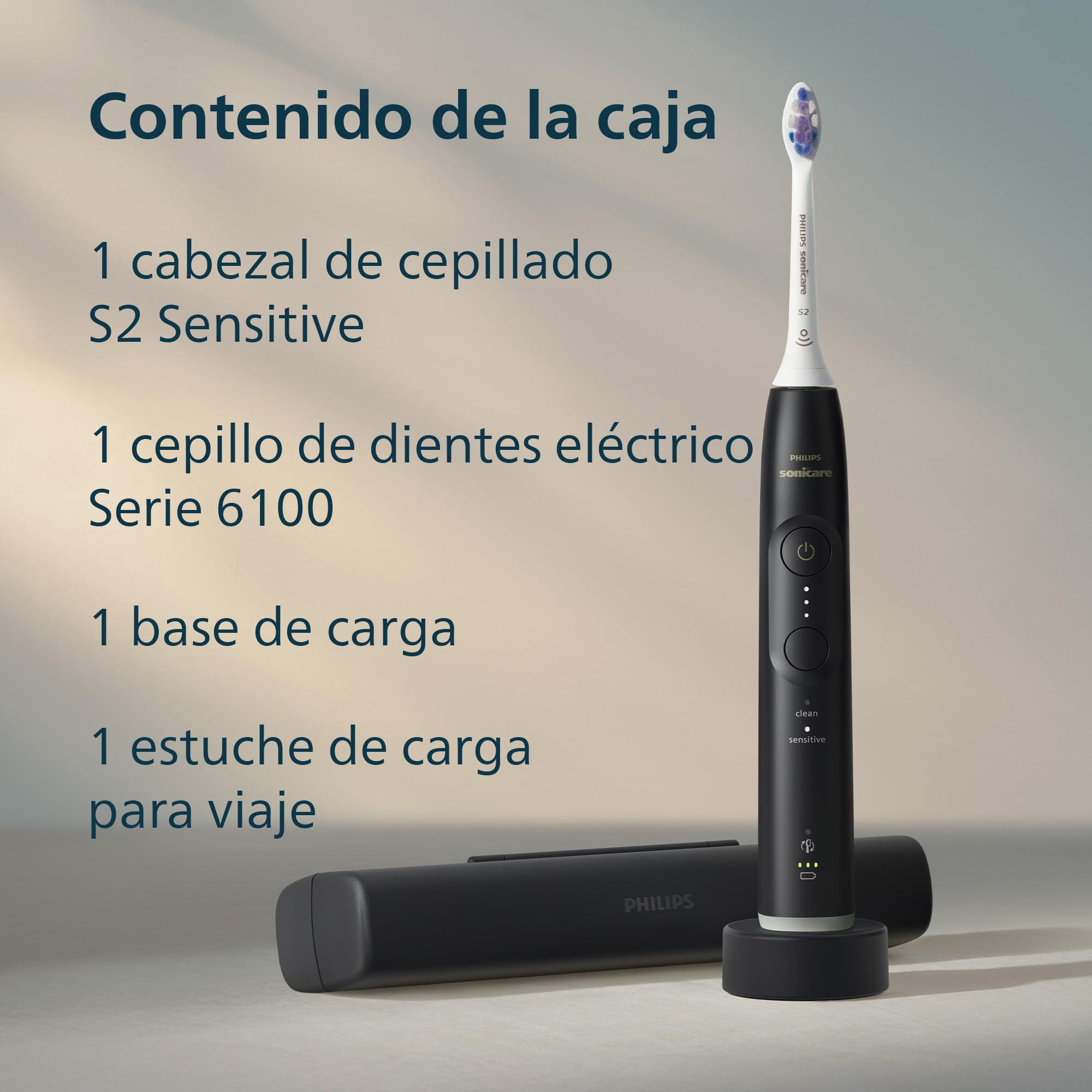 Philips Sonicare 6100 cepillo dental eléctrico, sónico, 2 modos de cepillado, 3 niveles de intensidad, alerta de presión, EasyStart, SmarTimer, negro, HX7401/07 [Nueva Tecnología]