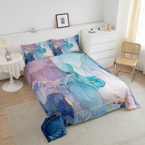 Miniatura 3 de Erosebridal Juego de edredón de color rosa y azul dorado, ropa de cama de mármol colorido para jóvenes, juegos de edredón con textura de mármol con