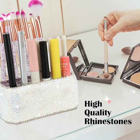 KEYPOWER Makeup Beauty Brush Bling Crystal Luxury Organizer for Slim Handles | 26 Space Cosmetic Storage Display Container (AB Color) (Purely Handmade)