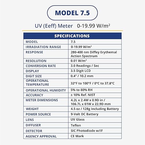 Miniatura 7 de Medidor UV eficaz de eritema modelo 7.5, radiómetro UV digital, ideal para la prevención de quemaduras solares, pruebas de gafas para capacidades de