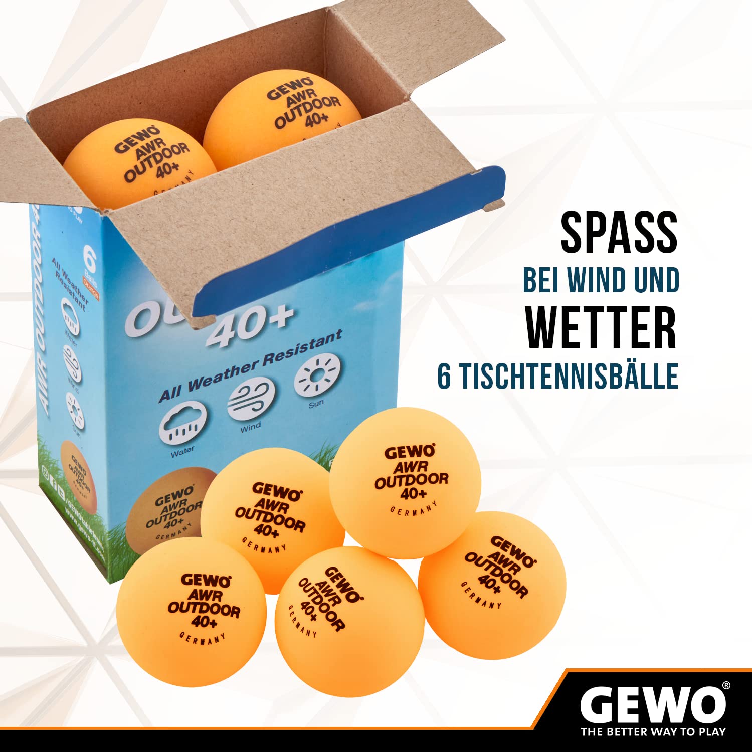 GEWO AWR Outdoor 40+ piłki do tenisa stołowego, wodoodporne, plastikowe piłki do tenisa stołowego do użytku na zewnątrz – wysokiej jakości, odporne na warunki atmosferyczne piłki do tenisa stołowego,