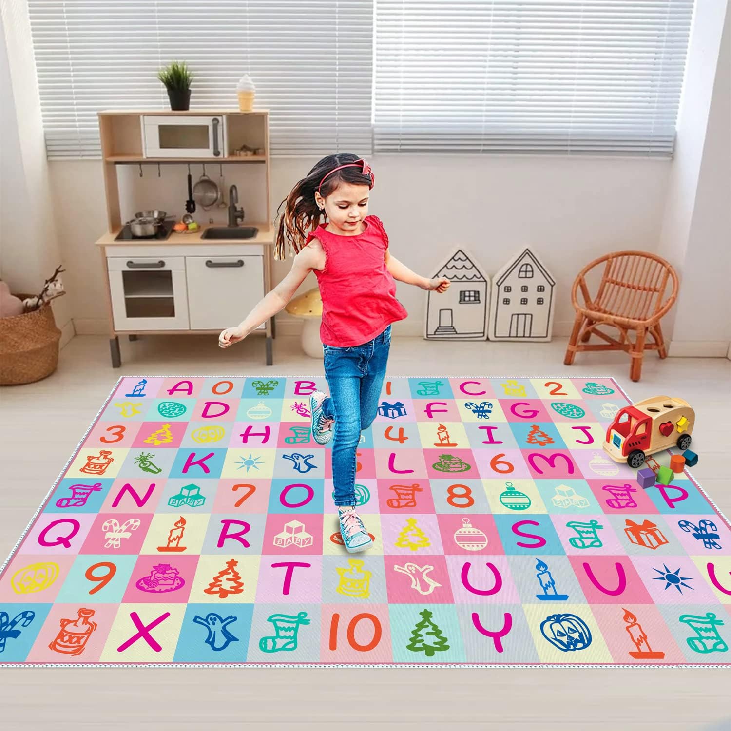 Pink Kids ABC Number Pattern Rug - Playroom Kids Room Nursery Decor Area Rug 2.6x4 ft - Fun Alphabet Educational Boy Rug - Soft Non-Slip