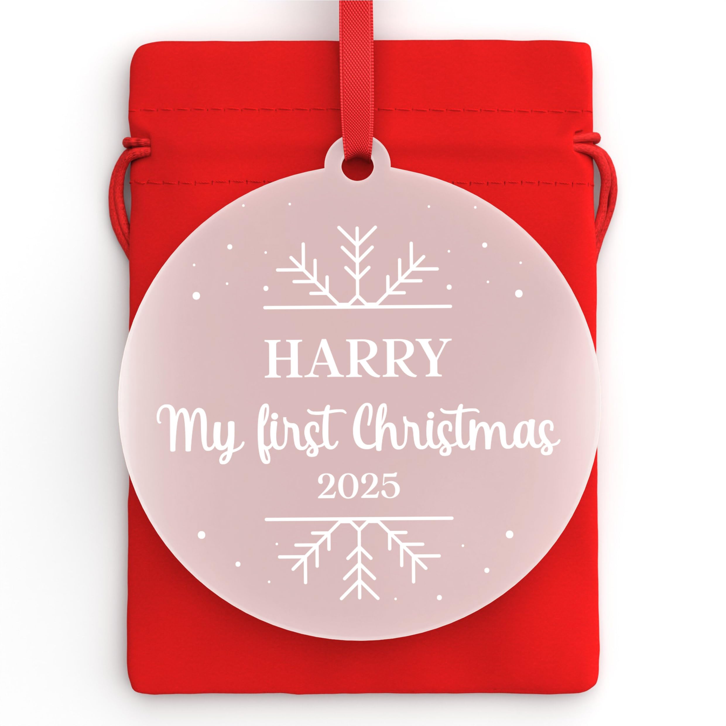 Beecreative Personalised My First Christmas Ornament - Baby's 1st Christmas Decoration - Frosted Acrylic Bauble With Red Bag