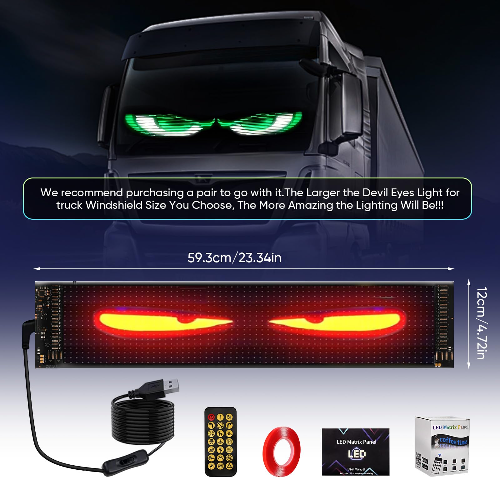 Devil Eyes Light for auto's, groot programmeerbaar flexibel auto-LED-scherm, DIY-auto dynamische LED-smart kleurrijke ooglamp zacht scherm, flexibel Bluetooth-scherm met aangepaste scrollende tekst(C
