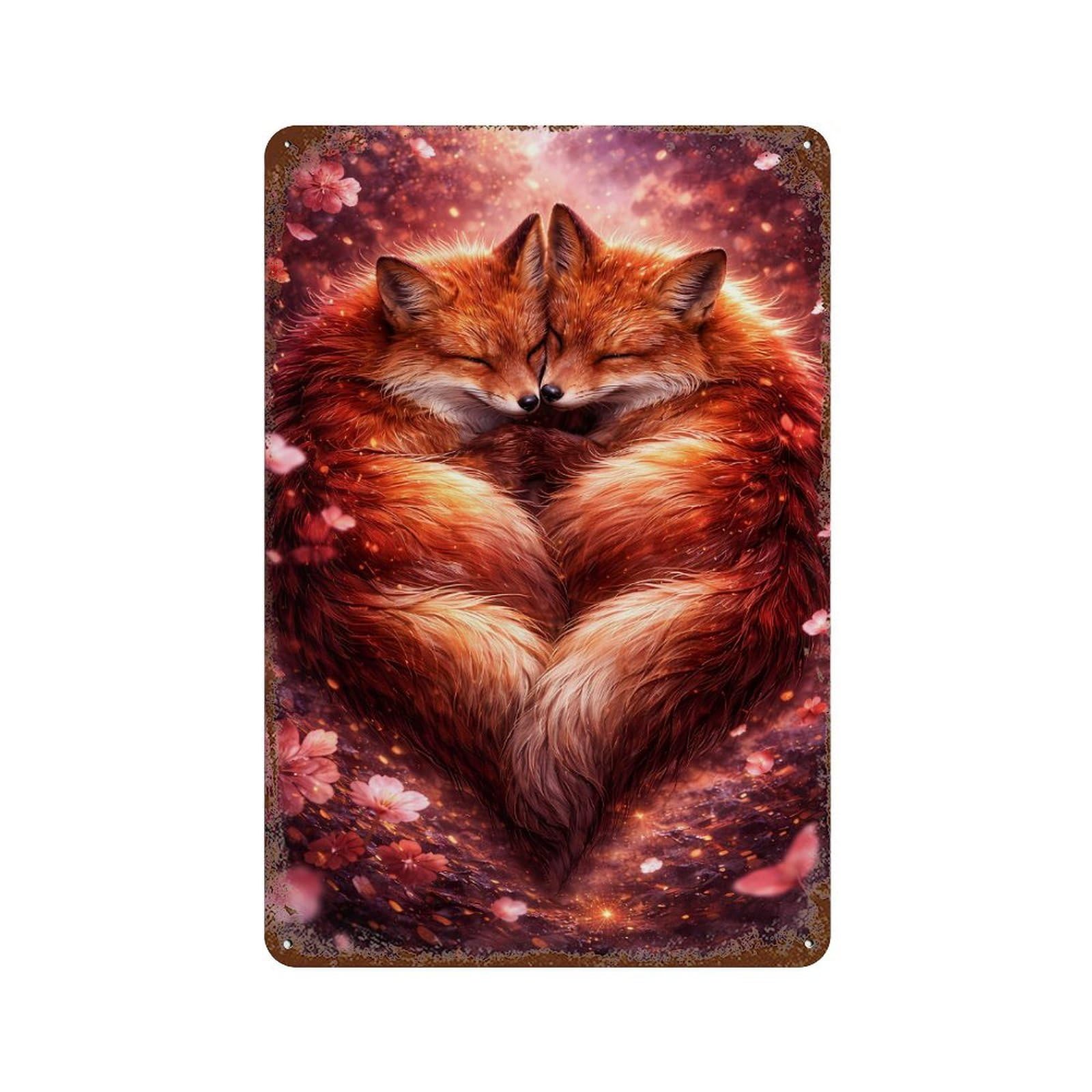 Foxes Couple - Luxury Animal Wall Art - Romantic Gift Decor 11.8"x7.9" Distressed Metal Wall Sign, Shabby Chic Decor for Shed, Workshop And Garage Wall Decor