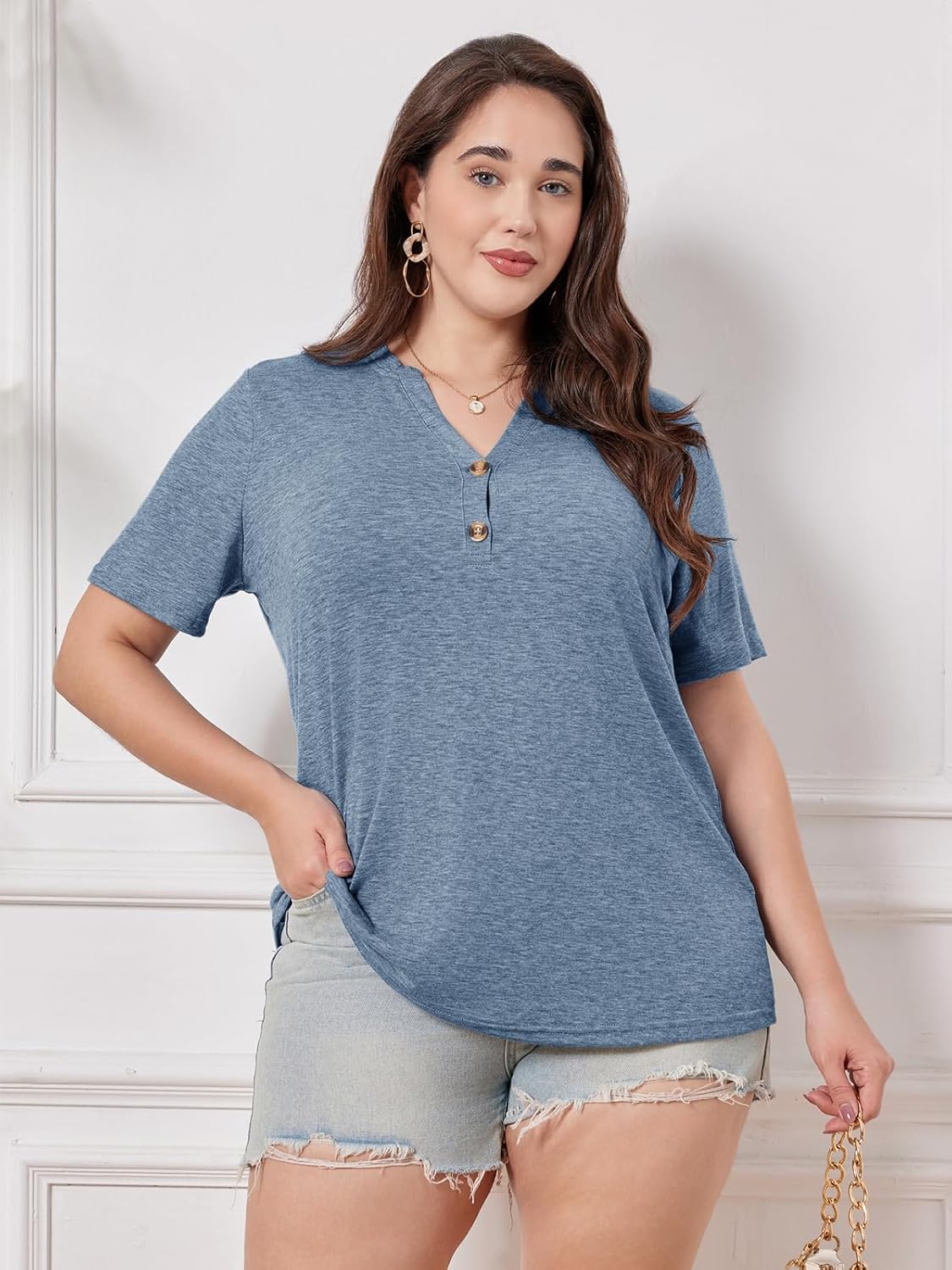 Chulianyouhuo Plus Size Tops for Women Summer V Neck Short Sleeve Tee Shirts Henley Button Casual Loose Fit Blouse - Image 3